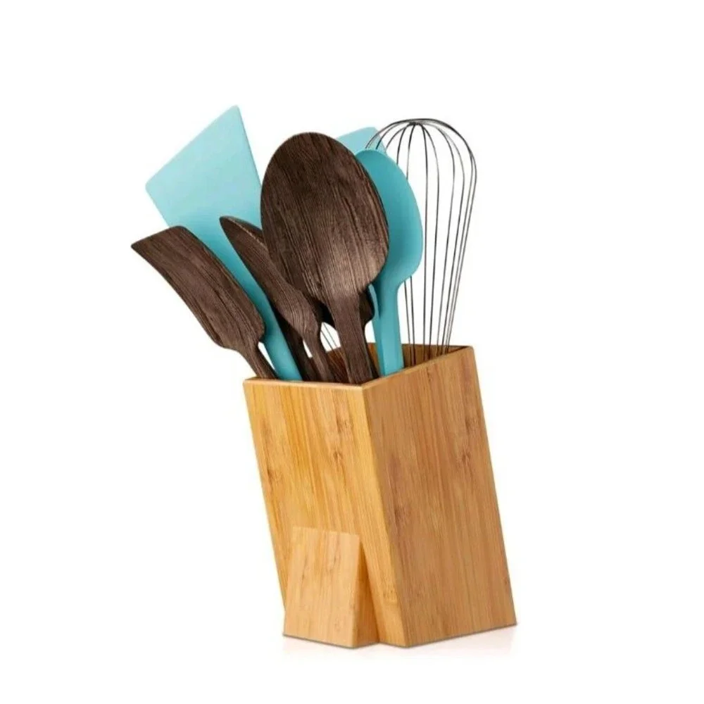 Bamboo Utensil Holder For Countertop - Large Upright Modern Organizer New